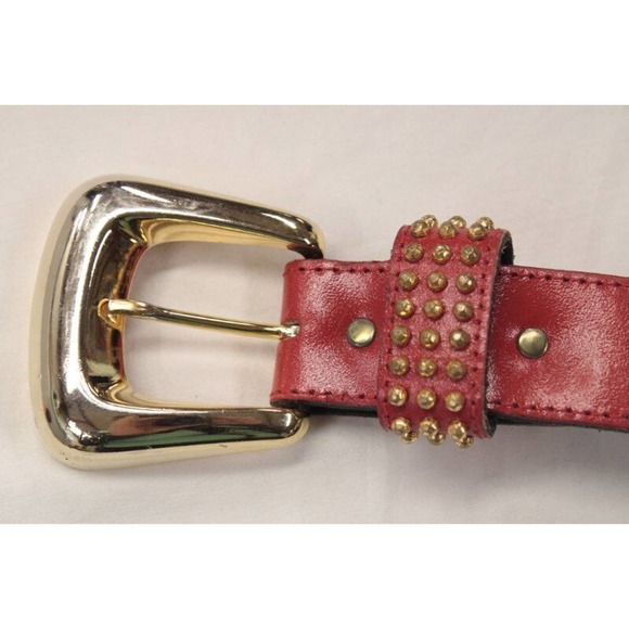 Vintage 1990s Red Leather Belt Gold Studs Buckle Large 29" to 23" waist - Picture 3 of 10